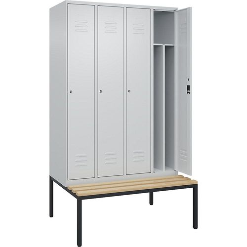 4066681819665 - Schwarz-Weiß-Spind Classic PLUS Sitzbank schmal 4 Abteile Trennwand verkürzt lichtgrau B 1200 mm Zylinderschloss untergebaut Buche-Hartholz C+P