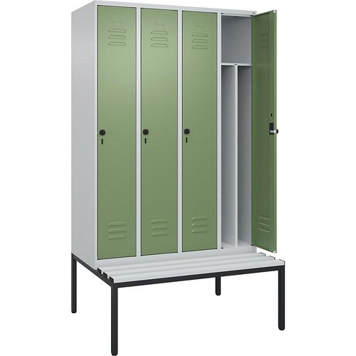 4066681793811 - Schwarz-Weiß-Spind Classic PLUS Sitzbank schmal 4 Abteile Trennwand verkürzt lichtgrau   resedagrün B 1200 mm Sicherheits-Drehriegel untergebaut Kunststoff C+P