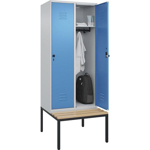 4066681743984 - Spind Classic PLUS Sitzbank 2 Abteile lichtgrau   lichtblau B 800 mm Sicherheits-Drehriegel untergebaut Buche-Hartholz C+P