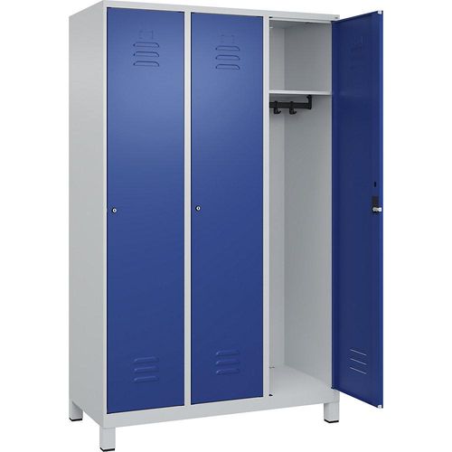 4066681613539 - Spind Classic PLUS 3 Abteile lichtgrau   enzianblau B 1200 mm mit Füßen Zylinderschloss