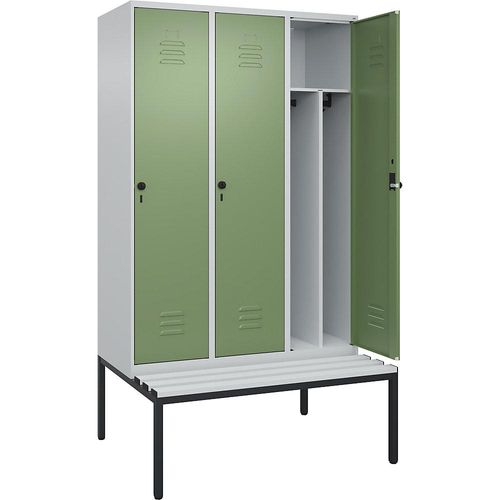 4066681793361 - Schwarz-Weiß-Spind Classic PLUS Sitzbank schmal 3 Abteile Trennwand verkürzt lichtgrau   resedagrün B 1200 mm Sicherheits-Drehriegel untergebaut Kunststoff C+P