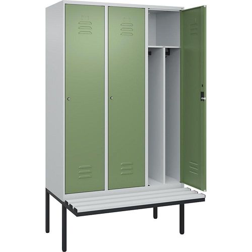 4066681787803 - Schwarz-Weiß-Spind Classic PLUS Sitzbank schmal 3 Abteile Trennwand verkürzt lichtgrau   resedagrün B 1200 mm Zylinderschloss auskragend Kunststoff C+P