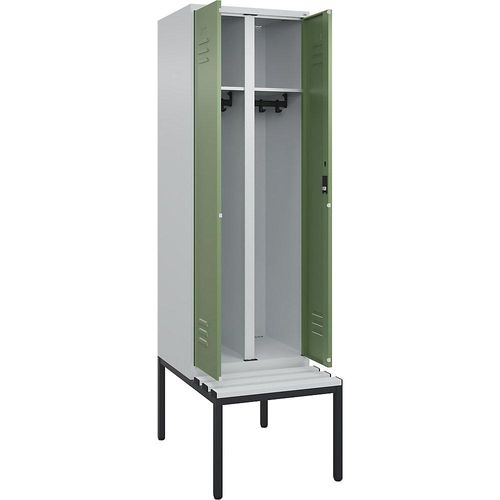 4066681793965 - Schwarz-Weiß-Spind Classic PLUS Sitzbank 1 Abteil lichtgrau   resedagrün B 600 mm Zylinderschloss untergebaut Kunststoff C+P