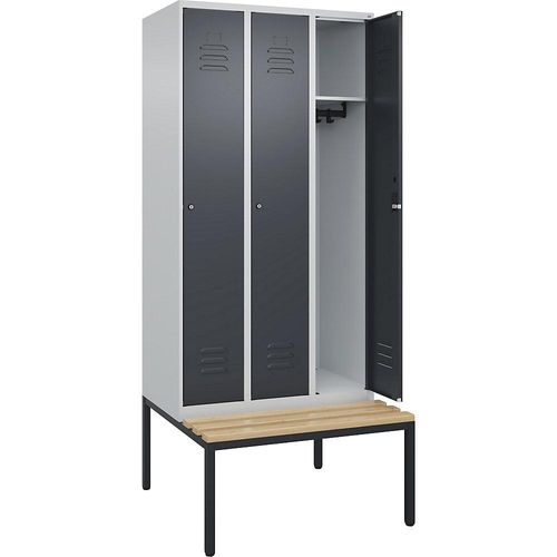 4066681828094 - Spind Classic PLUS Sitzbank 3 Abteile lichtgrau   grau B 900 mm Zylinderschloss untergebaut Buche-Hartholz C+P