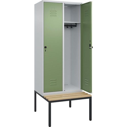 4066681744004 - Spind Classic PLUS Sitzbank 2 Abteile lichtgrau   resedagrün B 800 mm Sicherheits-Drehriegel untergebaut Buche-Hartholz C+P