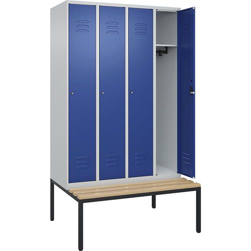 4066681828322 - Spind Classic PLUS Sitzbank 4 Abteile lichtgrau   enzianblau B 1200 mm Zylinderschloss untergebaut Buche-Hartholz C+P