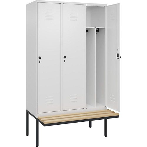 4066681741683 - Schwarz-Weiß-Spind Classic PLUS Sitzbank schmal 3 Abteile Trennwand verkürzt verkehrsweiß B 1200 mm Sicherheits-Drehriegel auskragend Buche-Hartholz C+P