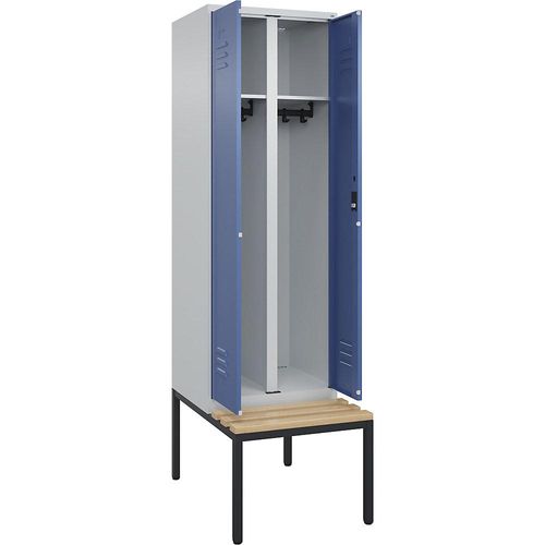 4066681819764 - Schwarz-Weiß-Spind Classic PLUS Sitzbank 1 Abteil lichtgrau   fernblau B 600 mm Zylinderschloss untergebaut Buche-Hartholz C+P