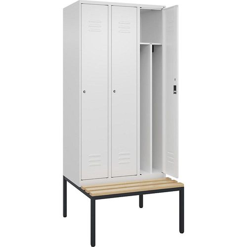 4066681819436 - Schwarz-Weiß-Spind Classic PLUS Sitzbank schmal 3 Abteile Trennwand verkürzt verkehrsweiß B 900 mm Zylinderschloss untergebaut Buche-Hartholz C+P