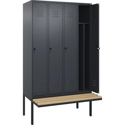 4066681741966 - Schwarz-Weiß-Spind Classic PLUS Sitzbank schmal 4 Abteile Trennwand verkürzt grau B 1200 mm Sicherheits-Drehriegel auskragend Buche-Hartholz C+P
