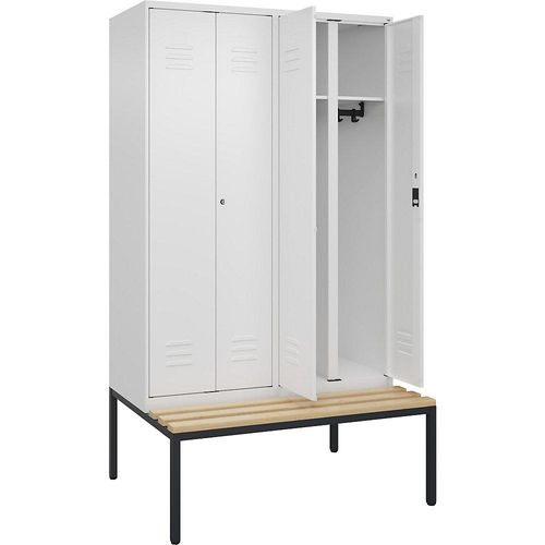 4066681820418 - Schwarz-Weiß-Spind Classic PLUS Sitzbank 2 Abteile verkehrsweiß B 1200 mm Zylinderschloss untergebaut Buche-Hartholz C+P