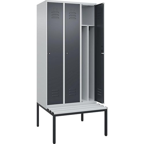 4066681792784 - Schwarz-Weiß-Spind Classic PLUS Sitzbank schmal 3 Abteile Trennwand verkürzt lichtgrau   grau B 900 mm Zylinderschloss untergebaut Kunststoff C+P