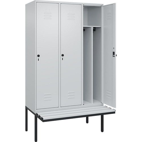 4066681787988 - Schwarz-Weiß-Spind Classic PLUS Sitzbank schmal 3 Abteile Trennwand verkürzt lichtgrau B 1200 mm Sicherheits-Drehriegel auskragend Kunststoff C+P
