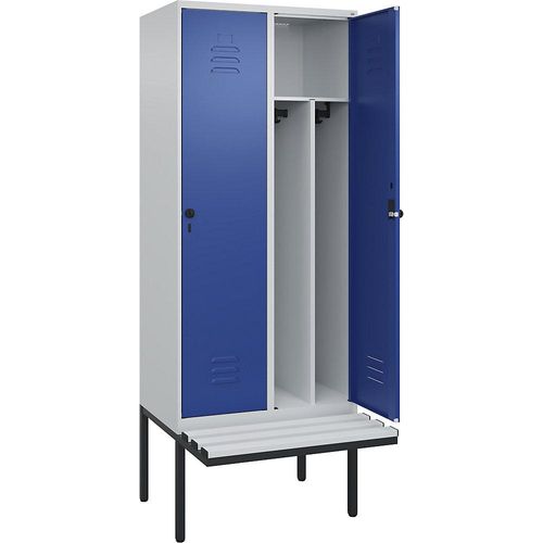 4066681786721 - Schwarz-Weiß-Spind Classic PLUS Sitzbank schmal 2 Abteile Trennwand verkürzt lichtgrau enzianblau B 800 mm Sicherheits-Drehriegel auskragend Kunststoff C+P 4066681786721 - Schwarz-Weiß-Spind Classic PLUS Sitzbank schmal 2 Abteile Trennwand verkürzt lichtgrau enzianblau B 800 mm Sicherheits-Drehriegel auskragend Kunststoff C+P