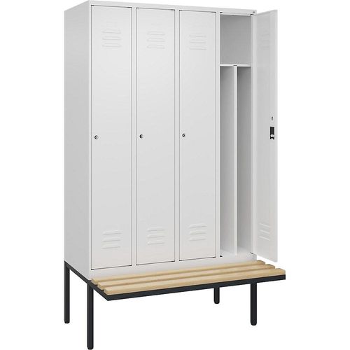 4066681817890 - Schwarz-Weiß-Spind Classic PLUS Sitzbank schmal 4 Abteile Trennwand verkürzt verkehrsweiß B 1200 mm Zylinderschloss auskragend Buche-Hartholz C+P