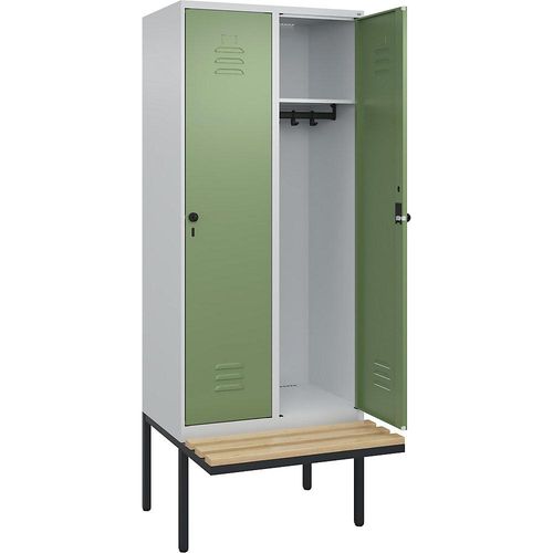4066681740853 - Spind Classic PLUS Sitzbank 2 Abteile lichtgrau   resedagrün B 800 mm Sicherheits-Drehriegel auskragend Buche-Hartholz C+P