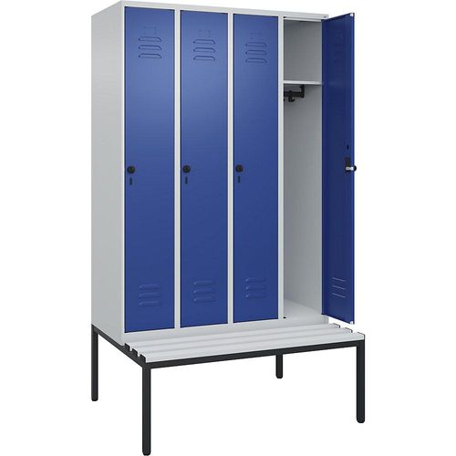 4066681793484 - Spind Classic PLUS Sitzbank 4 Abteile lichtgrau   enzianblau B 1200 mm Sicherheits-Drehriegel untergebaut Kunststoff C+P