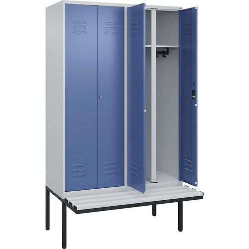 4066681789890 - Schwarz-Weiß-Spind Classic PLUS Sitzbank 2 Abteile lichtgrau   fernblau B 1200 mm Zylinderschloss auskragend Kunststoff C+P