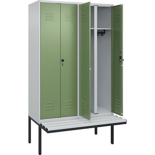 4066681790056 - Schwarz-Weiß-Spind Classic PLUS Sitzbank 2 Abteile lichtgrau   resedagrün B 1200 mm Sicherheits-Drehriegel auskragend Kunststoff C+P