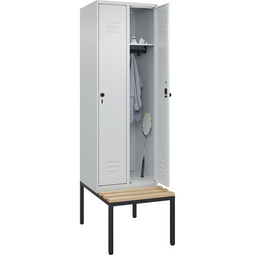 4066681743731 - Spind Classic PLUS Sitzbank 2 Abteile lichtgrau B 600 mm Sicherheits-Drehriegel untergebaut Buche-Hartholz C+P