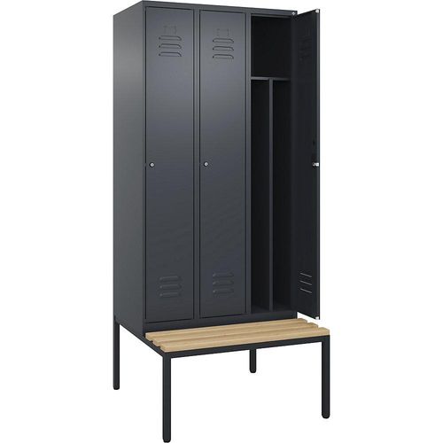 4066681819412 - Schwarz-Weiß-Spind Classic PLUS Sitzbank schmal 3 Abteile Trennwand verkürzt grau B 900 mm Zylinderschloss untergebaut Buche-Hartholz C+P