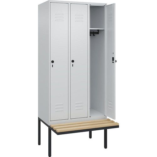 4066681741188 - Spind Classic PLUS Sitzbank 3 Abteile lichtgrau B 900 mm Sicherheits-Drehriegel auskragend Buche-Hartholz C+P