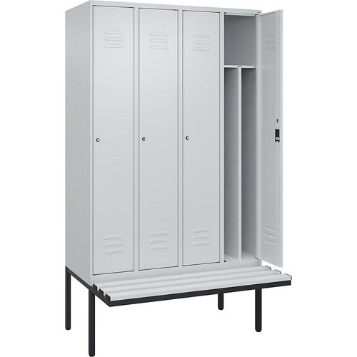4066681788435 - Schwarz-Weiß-Spind Classic PLUS Sitzbank schmal 4 Abteile Trennwand verkürzt lichtgrau B 1200 mm Zylinderschloss auskragend Kunststoff C+P