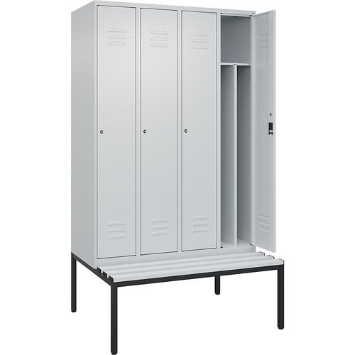 4066681793699 - Schwarz-Weiß-Spind Classic PLUS Sitzbank schmal 4 Abteile Trennwand verkürzt lichtgrau B 1200 mm Zylinderschloss untergebaut Kunststoff C+P