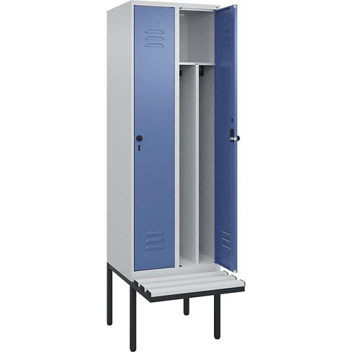 4066681786141 - Schwarz-Weiß-Spind Classic PLUS Sitzbank schmal 2 Abteile Trennwand verkürzt lichtgrau   fernblau B 600 mm Sicherheits-Drehriegel auskragend Kunststoff C+P