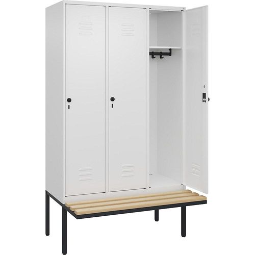 4066681741539 - Spind Classic PLUS Sitzbank 3 Abteile verkehrsweiß B 1200 mm Sicherheits-Drehriegel auskragend Buche-Hartholz C+P