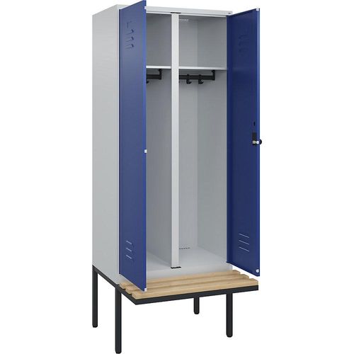 4066681742321 - Schwarz-Weiß-Spind Classic PLUS Sitzbank 1 Abteil lichtgrau   enzianblau B 800 mm Sicherheits-Drehriegel auskragend Buche-Hartholz C+P