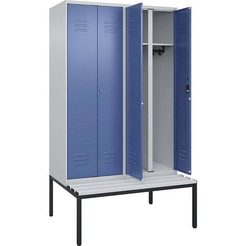 4066681795150 - Schwarz-Weiß-Spind Classic PLUS Sitzbank 2 Abteile lichtgrau   fernblau B 1200 mm Zylinderschloss untergebaut Kunststoff C+P