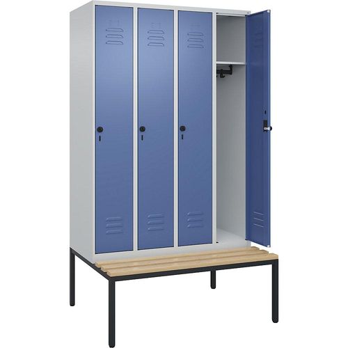4066681745339 - Spind Classic PLUS Sitzbank 4 Abteile lichtgrau   fernblau B 1200 mm Sicherheits-Drehriegel untergebaut Buche-Hartholz C+P