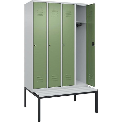 4066681745490 - Spind Classic PLUS Sitzbank 4 Abteile lichtgrau resedagrün B 1200 mm Zylinderschloss untergebaut Kunststoff C+P 4066681745490 - Spind Classic PLUS Sitzbank 4 Abteile lichtgrau resedagrün B 1200 mm Zylinderschloss untergebaut Kunststoff C+P