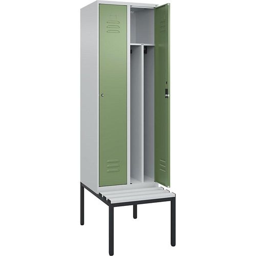 4066681791855 - Schwarz-Weiß-Spind Classic PLUS Sitzbank schmal 2 Abteile Trennwand verkürzt lichtgrau   resedagrün B 600 mm Zylinderschloss untergebaut Kunststoff C+P