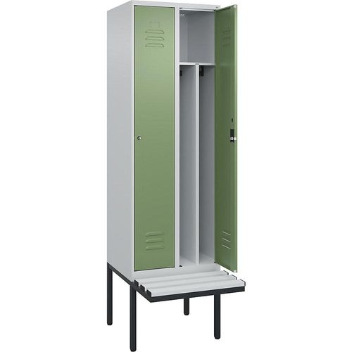 4066681786004 - Schwarz-Weiß-Spind Classic PLUS Sitzbank schmal 2 Abteile Trennwand verkürzt lichtgrau   resedagrün B 600 mm Zylinderschloss auskragend Kunststoff C+P