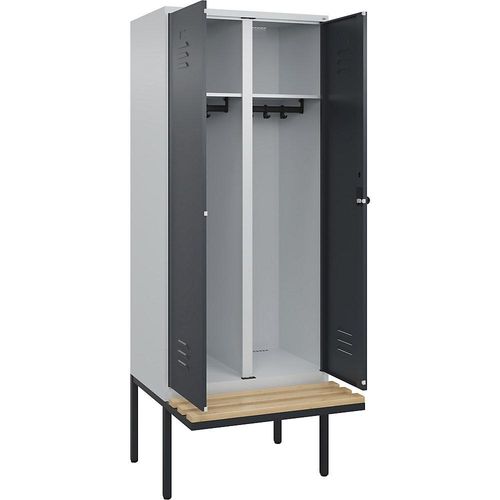 4066681742376 - Schwarz-Weiß-Spind Classic PLUS Sitzbank 1 Abteil lichtgrau   grau B 800 mm Sicherheits-Drehriegel auskragend Buche-Hartholz C+P