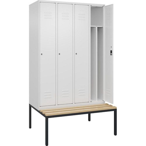 4066681819719 - Schwarz-Weiß-Spind Classic PLUS Sitzbank schmal 4 Abteile Trennwand verkürzt verkehrsweiß B 1200 mm Zylinderschloss untergebaut Buche-Hartholz C+P