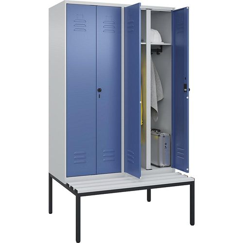 4066681795303 - Schwarz-Weiß-Spind Classic PLUS Sitzbank 2 Abteile lichtgrau   fernblau B 1200 mm Sicherheits-Drehriegel untergebaut Kunststoff C+P