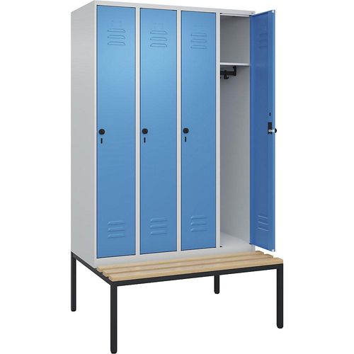 4066681745322 - Spind Classic PLUS Sitzbank 4 Abteile lichtgrau lichtblau B 1200 mm Sicherheits-Drehriegel untergebaut Buche-Hartholz C+P 4066681745322 - Spind Classic PLUS Sitzbank 4 Abteile lichtgrau lichtblau B 1200 mm Sicherheits-Drehriegel untergebaut Buche-Hartholz C+P