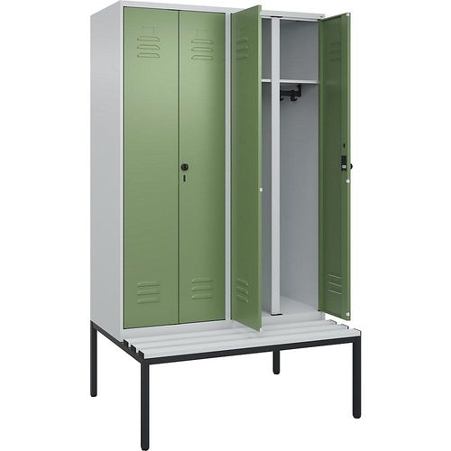 4066681795310 - Schwarz-Weiß-Spind Classic PLUS Sitzbank 2 Abteile lichtgrau   resedagrün B 1200 mm Sicherheits-Drehriegel untergebaut Kunststoff C+P