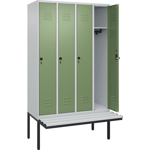 4066681788251 - Spind Classic PLUS Sitzbank 4 Abteile lichtgrau resedagrün B 1200 mm Sicherheits-Drehriegel auskragend Kunststoff C+P 4066681788251 - Spind Classic PLUS Sitzbank 4 Abteile lichtgrau resedagrün B 1200 mm Sicherheits-Drehriegel auskragend Kunststoff C+P