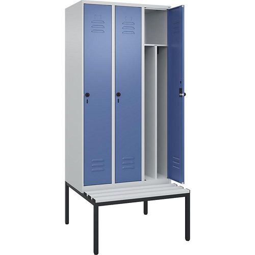 4066681792906 - Schwarz-Weiß-Spind Classic PLUS Sitzbank schmal 3 Abteile Trennwand verkürzt lichtgrau   fernblau B 900 mm Sicherheits-Drehriegel untergebaut Kunststoff C+P