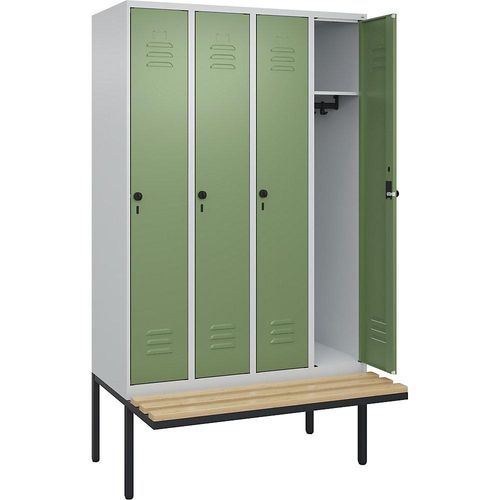 4066681741751 - Spind Classic PLUS Sitzbank 4 Abteile lichtgrau   resedagrün B 1200 mm Sicherheits-Drehriegel auskragend Buche-Hartholz C+P