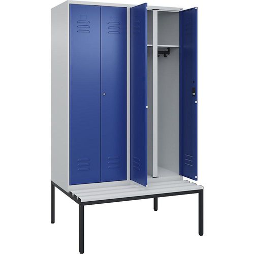 4066681795136 - Schwarz-Weiß-Spind Classic PLUS Sitzbank 2 Abteile lichtgrau   enzianblau B 1200 mm Zylinderschloss untergebaut Kunststoff C+P