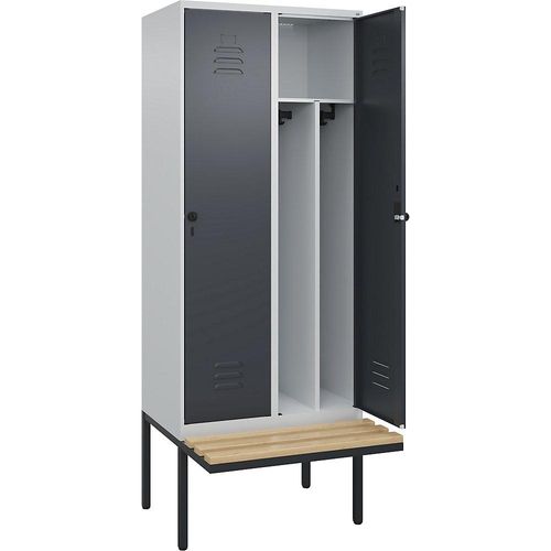 4066681741027 - Schwarz-Weiß-Spind Classic PLUS Sitzbank schmal 2 Abteile Trennwand verkürzt lichtgrau   grau B 800 mm Sicherheits-Drehriegel auskragend Buche-Hartholz C+P