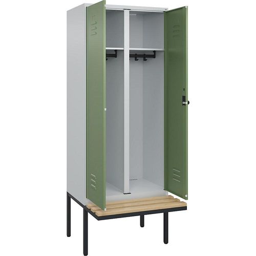 4066681742352 - Schwarz-Weiß-Spind Classic PLUS Sitzbank 1 Abteil lichtgrau resedagrün B 800 mm Sicherheits-Drehriegel auskragend Buche-Hartholz C+P 4066681742352 - Schwarz-Weiß-Spind Classic PLUS Sitzbank 1 Abteil lichtgrau resedagrün B 800 mm Sicherheits-Drehriegel auskragend Buche-Hartholz C+P