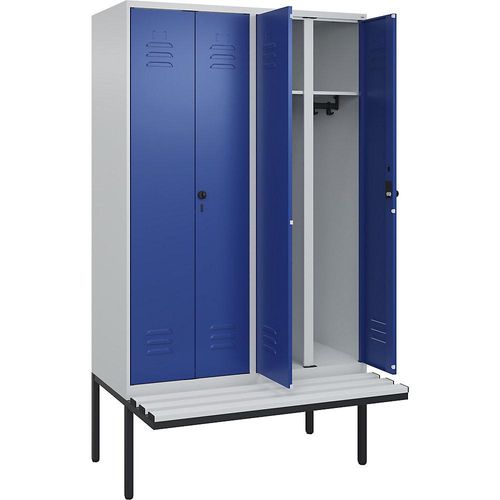 4066681790025 - Schwarz-Weiß-Spind Classic PLUS Sitzbank 2 Abteile lichtgrau   enzianblau B 1200 mm Sicherheits-Drehriegel auskragend Kunststoff C+P