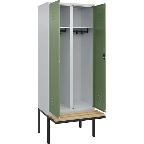 4066681818231 - Schwarz-Weiß-Spind Classic PLUS Sitzbank 1 Abteil lichtgrau   resedagrün B 800 mm Zylinderschloss auskragend Buche-Hartholz C+P