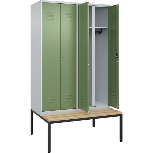 4066681820333 - Schwarz-Weiß-Spind Classic PLUS Sitzbank 2 Abteile lichtgrau resedagrün B 1200 mm Zylinderschloss untergebaut Buche-Hartholz C+P 4066681820333 - Schwarz-Weiß-Spind Classic PLUS Sitzbank 2 Abteile lichtgrau resedagrün B 1200 mm Zylinderschloss untergebaut Buche-Hartholz C+P